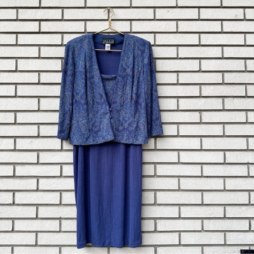 Alex Evenings Blue Paisley Glitter 2-Piece Dress Jacket Set Pleated Formal 16